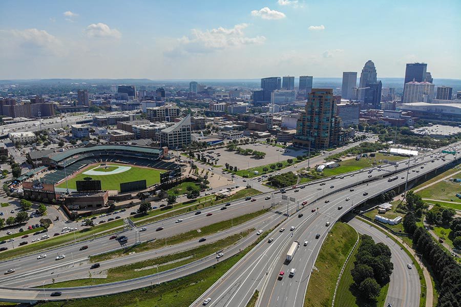 Louisville, KY Insurance - Aerial View of Louisville Skyline, Highways and Baseball Stadium